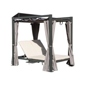 Aluminum Outdoor Patio Daybed with Retractable Canopy Bed, Double Chaise Lounge Outdoor Grey Curtain with Beige Cushion & Cup Holder, for Outside