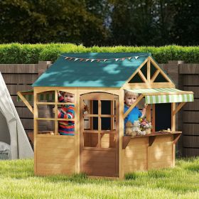Wooden Foldable Outdoor Playhouse for Kids Ages 3-8, Snack Bars, Working Door, Rain Covers, Blackboards, Brown
