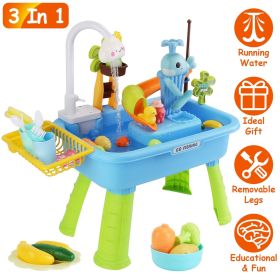 3 In 1 Kitchen Sink Toy with Electric Faucet Water Table Fishing Game Role Play Sink Set Indoor Outdoor for Kids Aged 3+ Years Old GPCT5464 (Color: Blue)