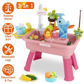 3 In 1 Kitchen Sink Toy with Electric Faucet Water Table Fishing Game Role Play Sink Set Indoor Outdoor for Kids Aged 3+ Years Old GPCT5464 (Color: Pink)
