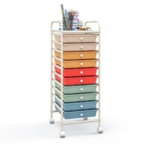 Rolling Storage Cart Organizer with 10 Compartments and 4 Universal Casters (Color: Macaron Multicolor)